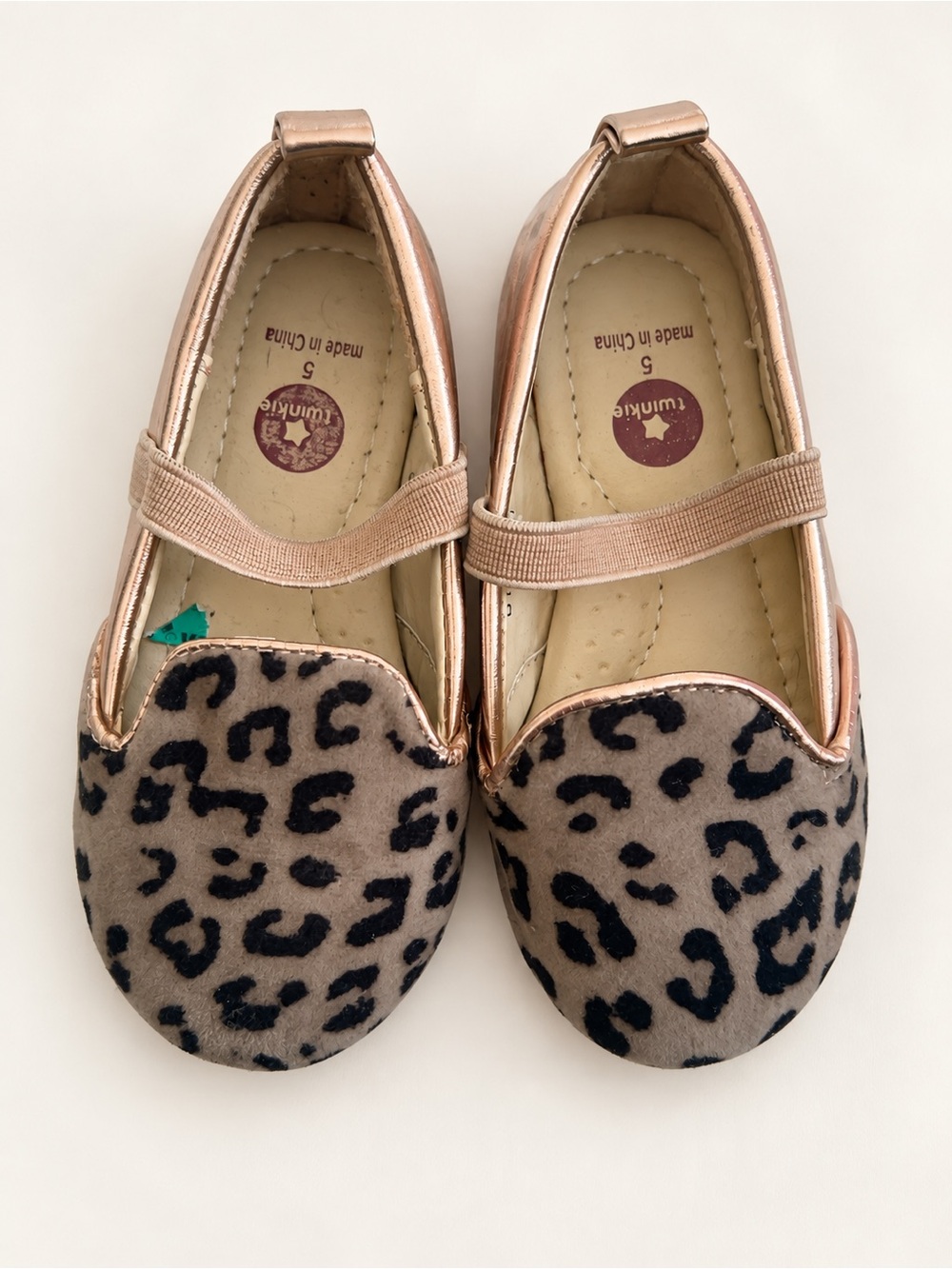 Twinkie Rose Gold and Leopard-Print Girls' Mary Jane Flats- velvet